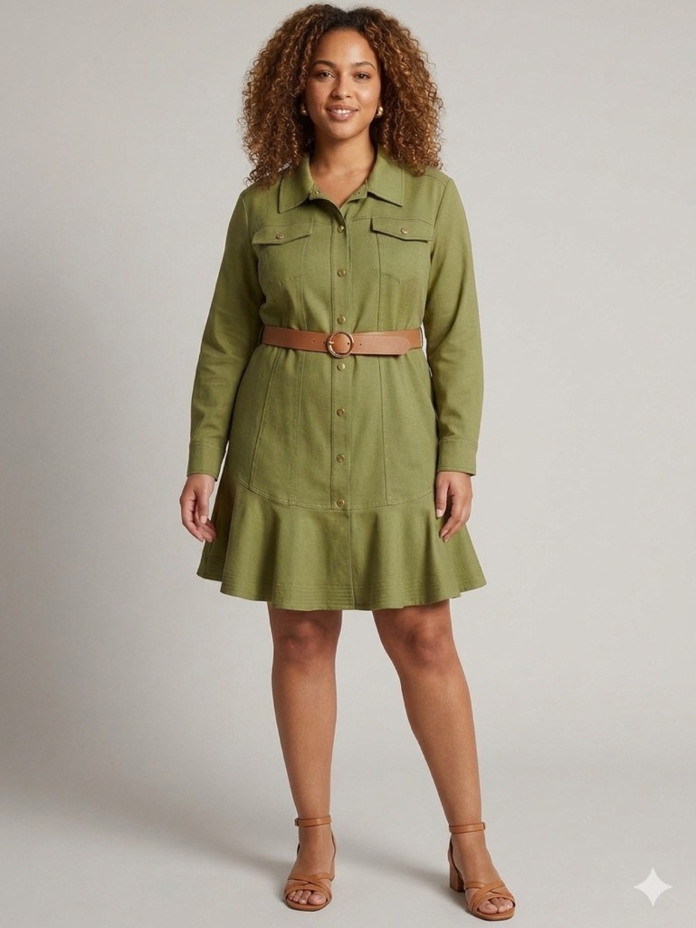 NWT Karen Millen Plus Size Tailored Ruffle Hem Belted Dress Khaki Green 18